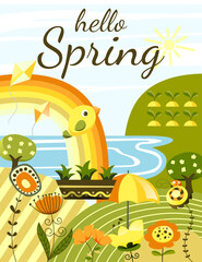 A cute spring landscape with a lake, flowers, a rainbow, and birds. Cartoon flat style vector illustration.
