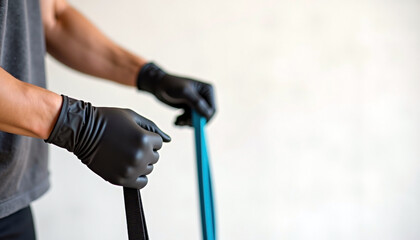 Fitness training with resistance bands and gloves in action with copy space