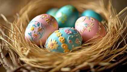 Vibrant easter eggs in nest for holiday decoration and celebration