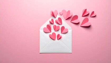 love letter envelope with paper craft hearts - flat lay on pink valentines or anniversary background with copy space design
