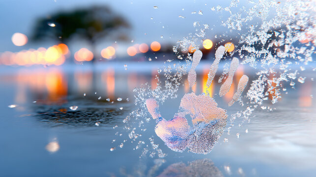 Winter frost: close-up of frozen human handprint on glass surface
