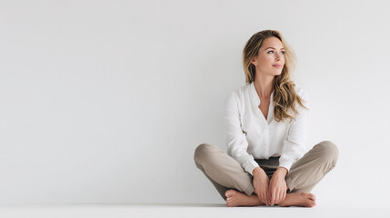 confident woman sitting on white background, modern business casual female portrait, relaxed professional woman with copy space
