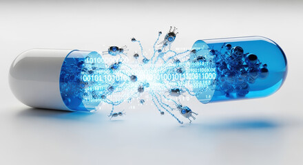Futuristic medical capsule with nanobots and glowing binary code. Nanotechnology and digital healthcare concept. Smart drug innovation