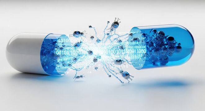 Futuristic medical capsule with nanobots and glowing binary code. Nanotechnology and digital healthcare concept. Smart drug innovation - Powered by Adobe