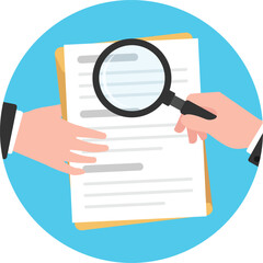 Hand holding magnifying glass over documents.