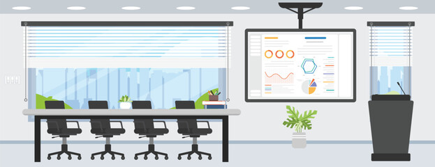 Modern conference room without people with working desk and data display screen.