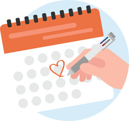 Hand marks calendar days with pen by drawing heart.