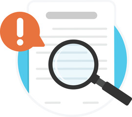 Magnifying glass focuses on a document with a red exclamation notification.