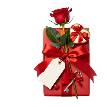 A single red rose gift box and key on transparent background