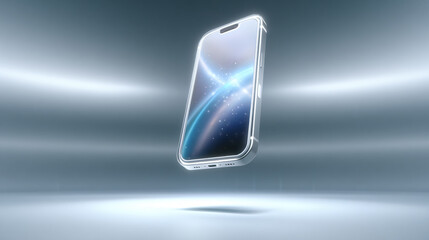 Futuristic smartphone floating above a sleek, illuminated surface.