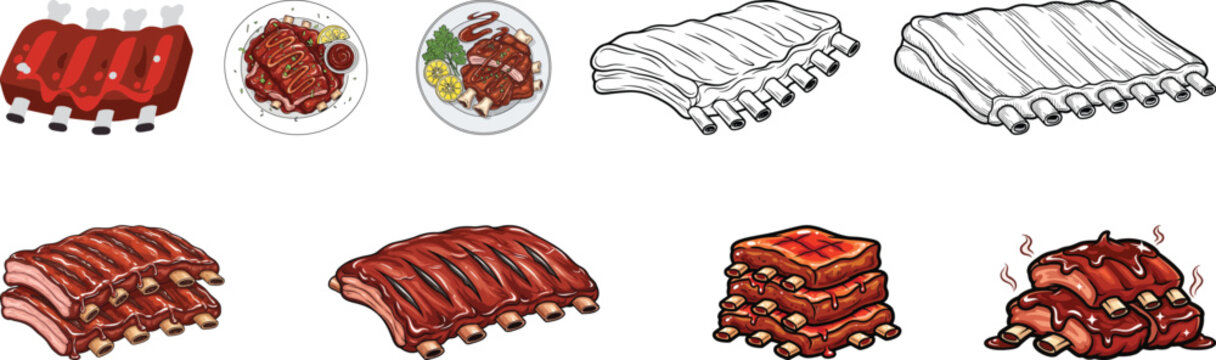 Barbecue Ribs and BBQ Meat Vector Art Set - Grilled Pork and Plate Illustrations