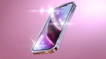 A sleek modern smartphone with a reflective, glowing screen against a pink background.
