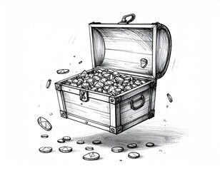 Open wooden chest overflowing with coins, in mid-air