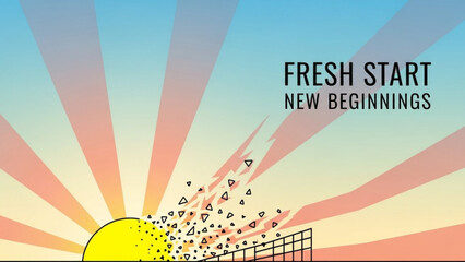 Vibrant sunrise with geometric shapes exploding from cage, symbolizing fresh start and new beginnings with rays of light