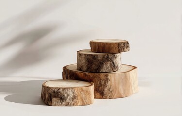 Wooden Logs Podium on White Background With Shadow