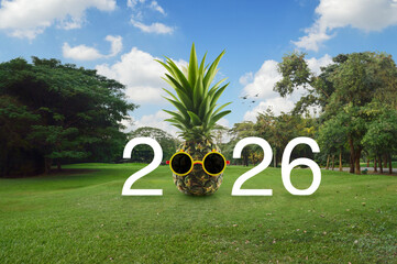 Pineapple with sunglasses and 2026 white text on green grass and trees in public park, Happy new year 2026 summer holiday concept