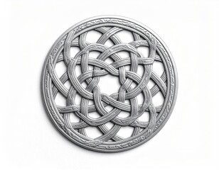 Intricate silver circular object with Celtic knot pattern on white
