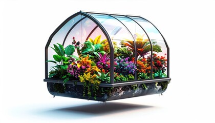Miniature greenhouse, brimming with colorful plants, floating in white space
