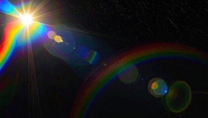 Bright lens flare with rainbow arc against a dark starry backdrop