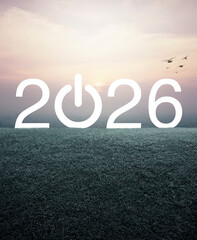 2026 start up business flat icon on green grass field over aerial view of cityscape at sunset, vintage style, Happy new year 2026 success concept