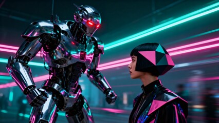 Futuristic robot and woman in neon lights