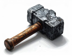 A heavy stone head hammer with a wooden handle, isolated on white