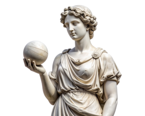 female antique statue hand holding with a objekt ball, isolated on free png backgroun