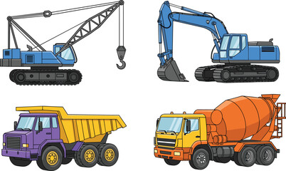 Cartoon construction vehicles illustration, crawler crane, hydraulic excavator, dump truck, concrete mixer, heavy machinery, building equipment, industrial tools, site work © Ayejoddin