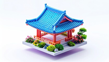 Miniature blue-roofed Asian pagoda with lush garden on a platform