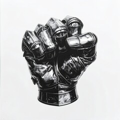 A fist in metal armor, tightly clenched against a stark white backdrop