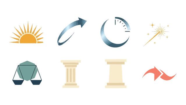 A collection of eight diverse icons representing concepts like growth, time, justice, and magic, arranged in two rows.