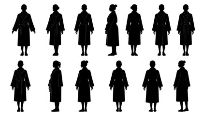Silhouetted figures in a collection of poses, wearing long coats with belts. Depicted in frontal, side, and rear views