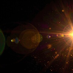 Bright light flare with speckled particles on a dark background