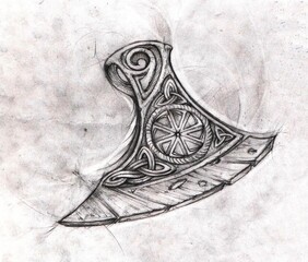 Hand-drawn pencil sketch of Viking axes. High-quality graphic scan, perfect for tattoo ideas, art prints, and Norse mythology designs. Detailed manual artwork from the Viking age.