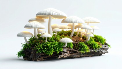 Cluster of white mushrooms growing from lush green moss on a wooden log