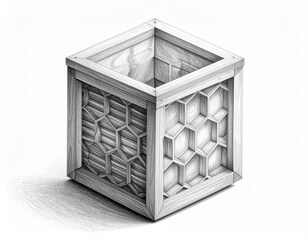 Isometric view of a wooden box with decorative hexagonal lattice sides
