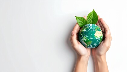 Hands delicately cradle a small earth globe surrounded by vibrant green leaves, symbolizing environmental conservation and global unity. Ideal for ecofriendly concepts.