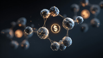 Digital representation of financial technology with interconnected molecules and currency symbol.