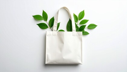 White tote bag with green leaves perfect for ecofriendly, natureinspired designs. Ideal for summer fashion, natureinspired brands, or ecoconscious advertising.