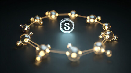 Digital representation of financial or cryptocurrency concept with connected molecules and dollar sign.