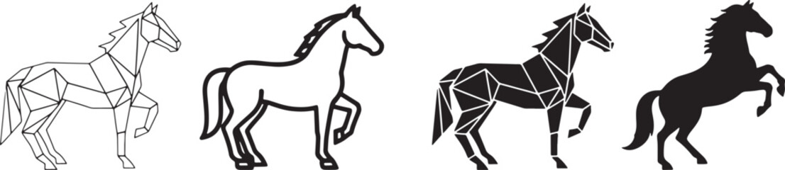 Horse icon set in outline flat geometric and silhouette styles representing speed power freedom equestrian sports ranch animals and modern logo graphics