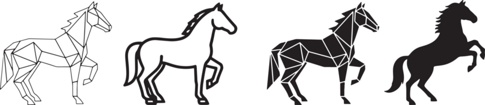 Horse icon set in outline flat geometric and silhouette styles representing speed power freedom equestrian sports ranch animals and modern logo graphics