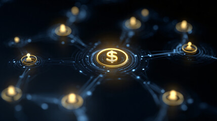 Digital network with a dollar sign at the center connected to candles.