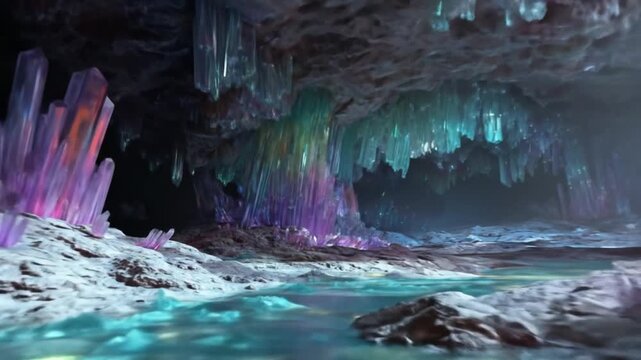 A vast underground cavern glittering with multicolored crystals turquoise pool, glowing spires glow