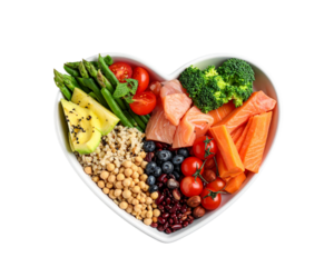 Diet food for health with heart bowl. Baner, place for text. 