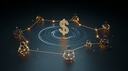 Digital representation of financial interconnectedness with a dollar symbol at the center.
