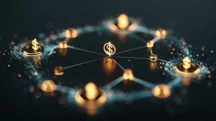 digital network with financial symbols interconnected in a glowing, abstract design.