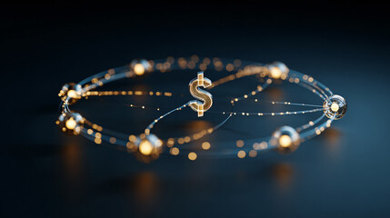 Digital dollar symbol surrounded by interconnected glowing nodes and connections.