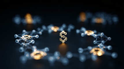 illuminated digital dollar symbol surrounded by network connections on black background.