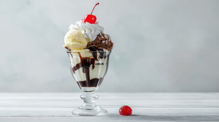 Classic ice cream sundae with vanilla chocolate scoops, whipped cream, cherry. Decadent ice cream sundae featuring two scoops of ice cream, rich chocolate sauce, bright red cherry on top, presented